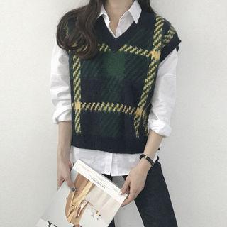V-neck Sleeveless Plaid Sweater