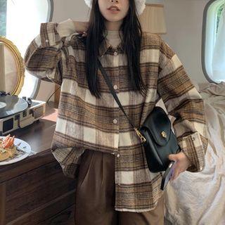 Plaid Shirt Jacket Plaid - Coffee & White - One Size