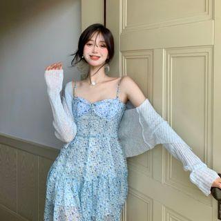 Spaghetti-strap Floral Print A-line Dress / Cardigan