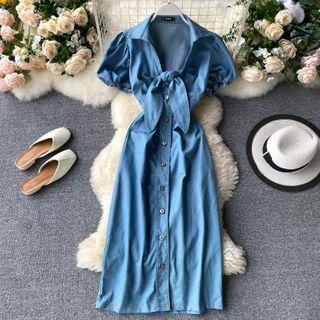 Short-sleeve Midi Denim Collared Dress Blue - One Size
