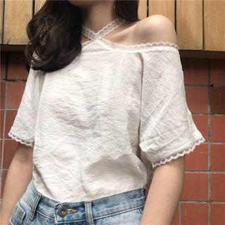 Off Shoulder Short-sleeve T-shirt White - One Size