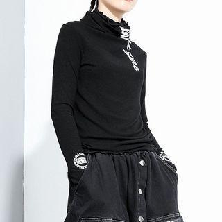 Lettering Turtleneck Long-sleeve Top Black - One Size