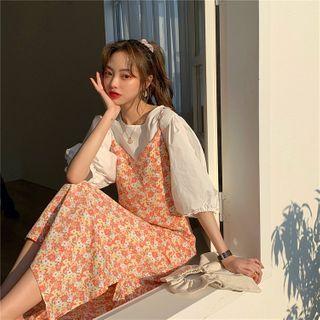 Puff-sleeve Plain Blouse / Spaghetti Strap Floral Print Midi Dress