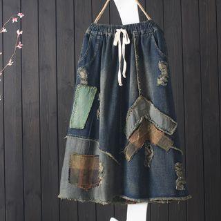 Applique Drawstring Midi Denim Skirt