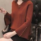 Bell-sleeve Faux Pearl Embellished Sweater