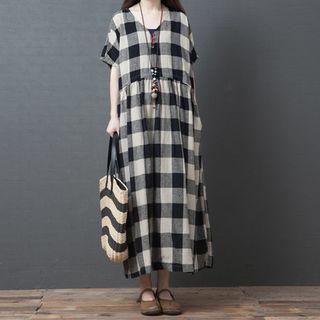 Short-sleeve Plaid Midi A-line Linen Dress