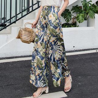 Flower Print High-waist Cropped Wide-leg Pants