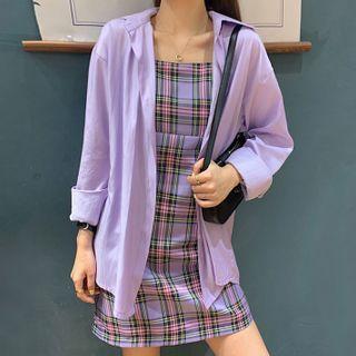 Plaid Spaghetti-strap Mini A-line Dress / Plain Shirt