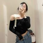 Long-sleeve Bow-accent Cold-shoulder Cropped Top Black - One Size