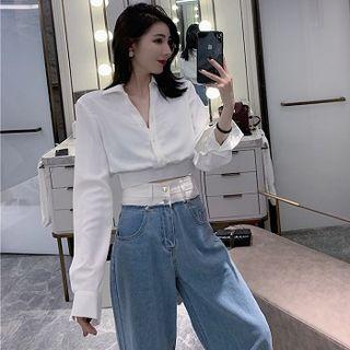 Plain V-neck Long-sleeve Blouse / High-waist Wide-leg Jeans