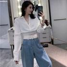 Plain V-neck Long-sleeve Blouse / High-waist Wide-leg Jeans