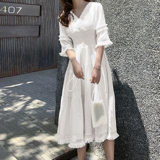 Elbow-sleeve Crochet Trim Tasseled A-line Dress