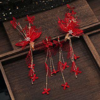 Wedding Set: Rhinestone Butterfly Fringe Hair Clip + Dangle Earring Set Of 2 - Hair Clip & 1 Pair - Dangle Earring - Clip On Earring - As Shown In Figure - One Size