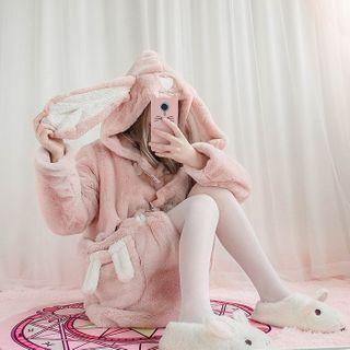 Furry Hooded Toggle Coat Rabbit - Pink - One Size