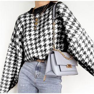 Long Sleeve Houndstooth Print Loose-fit Sweater