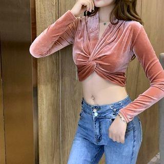 Twisted Long-sleeve Copped Velvet Top