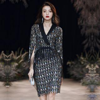 Sequined Mesh Panel 3/4-sleeve Sheath Dress