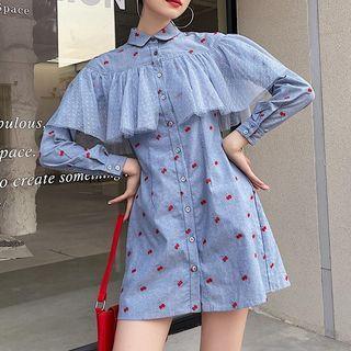Long-sleeve Cherry Embroidered Mini Shirtdress
