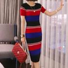 Striped Short-sleeve Sheath Knit Dress Stripes - One Size