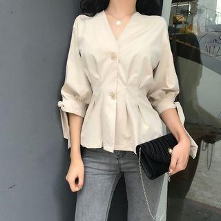 Long-sleeve Drawstring Plain Ruffled Blouse