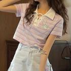 Short-sleeve Collar Lace Up Striped T-shirt