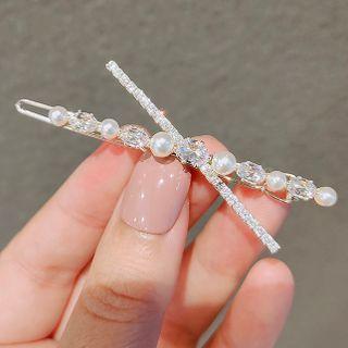 Cross Rhinestone Faux Pearl Hair Clip Ly611 - Rhinestone & Faux Pearl - Light Gold - One Size