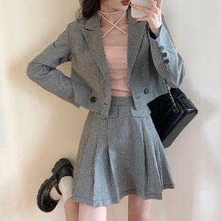 Set: Long-sleeve Plaid Cropped Blazer / High-waist Plaid Pleated Skirt