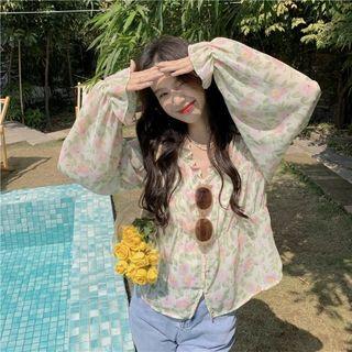 V-neck Floral Blouse Light Green - One Size
