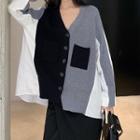 Contrast Panel Knit Cardigan Black & Gray & White - One Size
