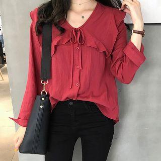 Long Sleeve Tie-neck V-neck Blouse