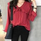 Long Sleeve Tie-neck V-neck Blouse