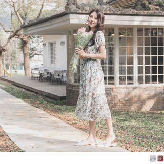 Elastic-waist Floral Chiffon Midi Dress