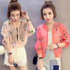 3/4-sleeve Embroidered Zip Chiffon Jacket