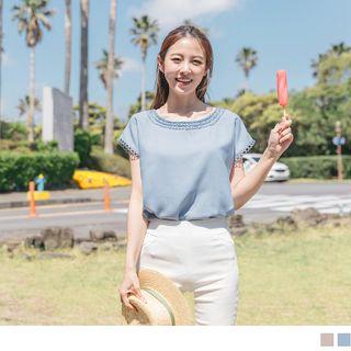 Crochet Trim Round Neck Chiffon Top