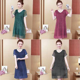 Short-sleeve Contrast Trim Chiffon Dress