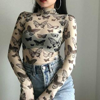 High-neck Butterfly Print Mesh Long-sleeve Top