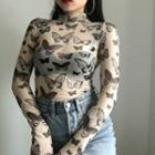 High-neck Butterfly Print Mesh Long-sleeve Top