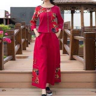 Set : Embroidered Long-sleeve Top + Wide Leg Pants