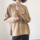 Slit-side Round Neck Cable Knit Sweater