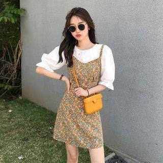 Set: Bell-sleeve Top + Floral Print Mini A-line Overall Dress