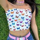 Butterfly Print Strapless Crop Top