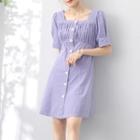 Ruched Square-neck Puff-sleeve Mini A-line Dress