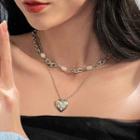 Heart Pendant Faux Pearl Layered Alloy Necklace Silver - One Size