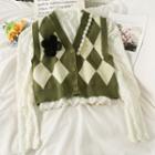 Set: High-neck Lace Top + Argyle Button-up Knit Vest