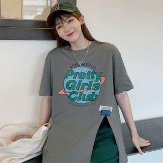 Short-sleeve Side-slit Print T-shirt