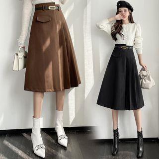 High Waist Asymmetrical Pleated Midi A-line Skirt