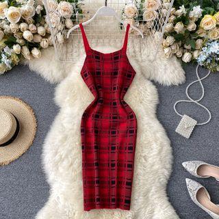 Plaid Spaghetti Strap Sheath Knit Dress