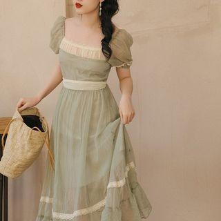 Short-sleeve Square Neck Lace Trim Midi A-line Dress