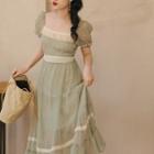 Short-sleeve Square Neck Lace Trim Midi A-line Dress