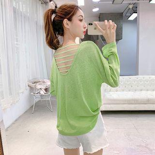 Long-sleeve Twisted Open Back Plain Knit Top